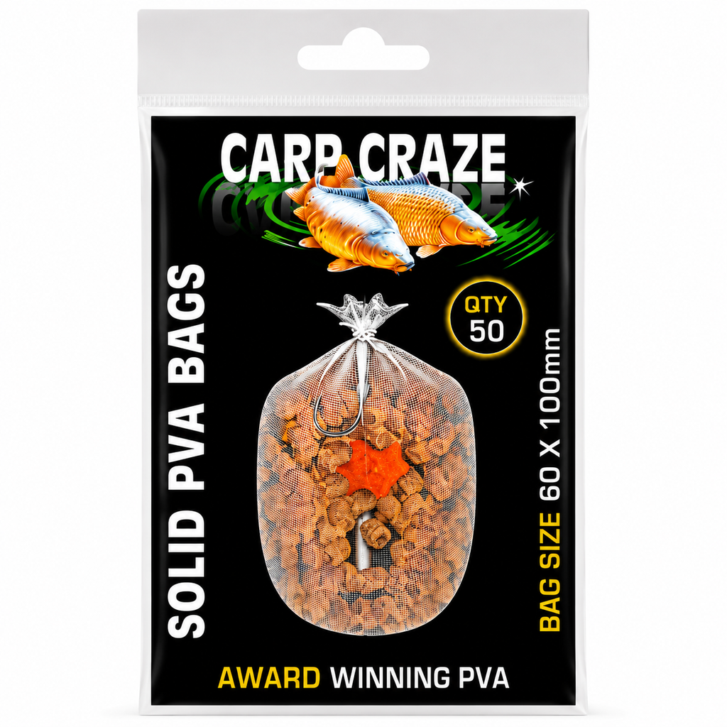 Carp Craze PVA Solid Film Bags 50 Pack 60x180mm Fast Melt Carp Fishing PVA Bags